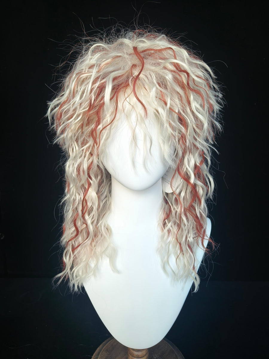 Long Curly Blonde with Red Highlights Punk Rock Wig