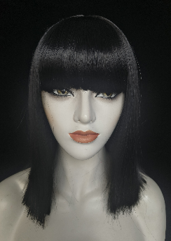 Black Medium-Length Straight Wig with Full Bangs