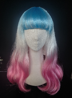 Blue to Pink Gradient Wavy Wig with Bangs