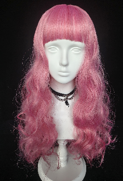 Pink Long Curly Wig with Full Bangs