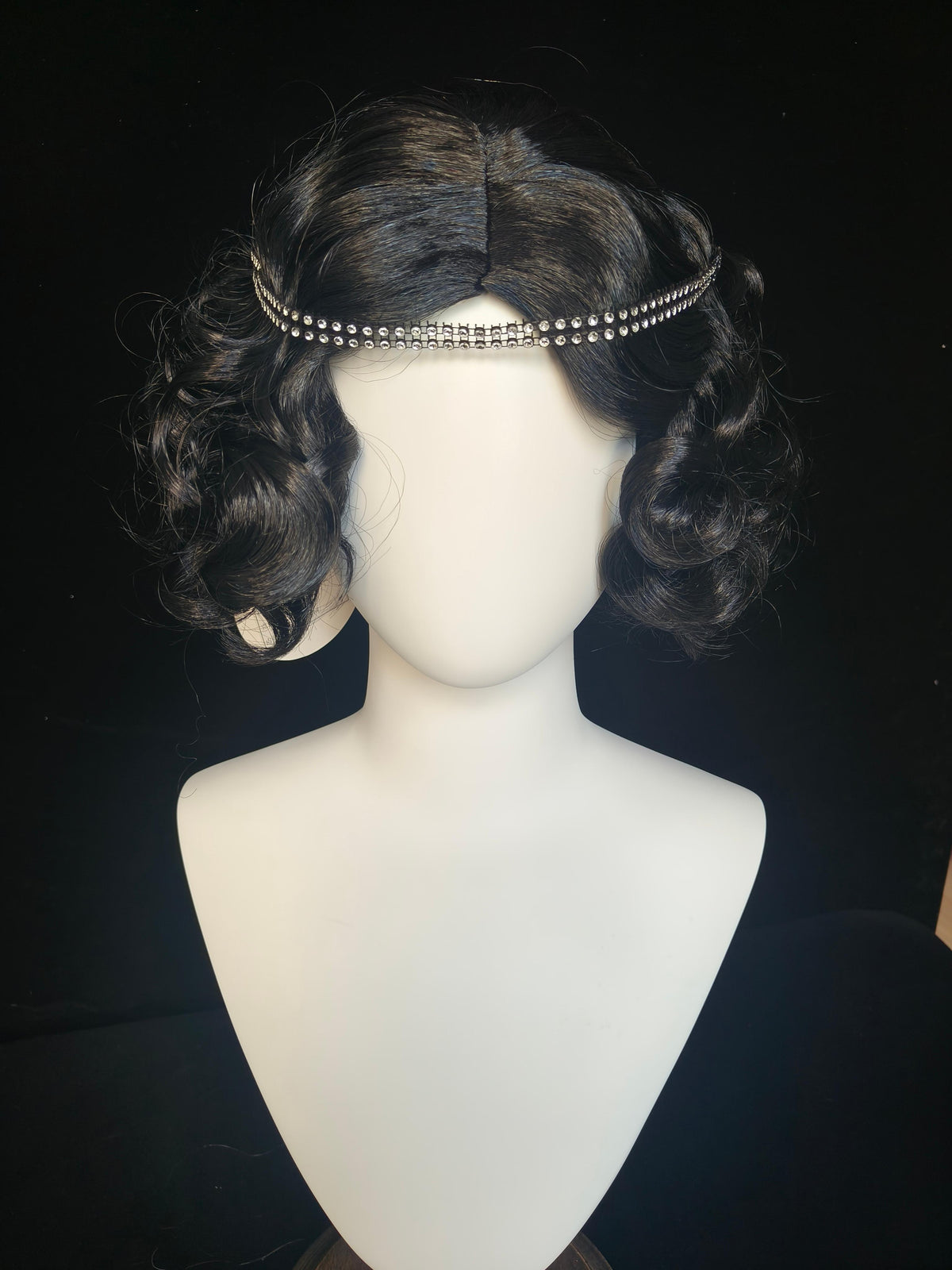 Black Flapper Wig with Rhinestone Headband