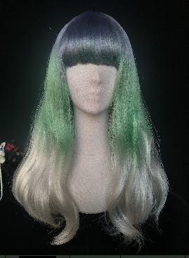 Green-White Ombre Long Wavy Wig with Full Bangs