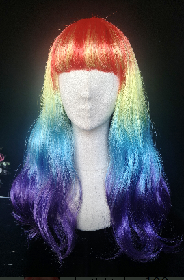 Rainbow Ombre Long Wavy Wig with Full Bangs
