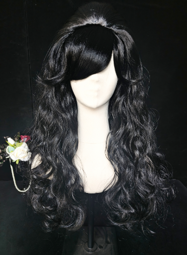 Black Long Curly Wig with Side Bangs