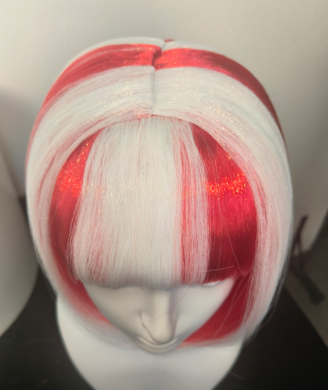 Red and White Split Short Bob Wig with Bangs