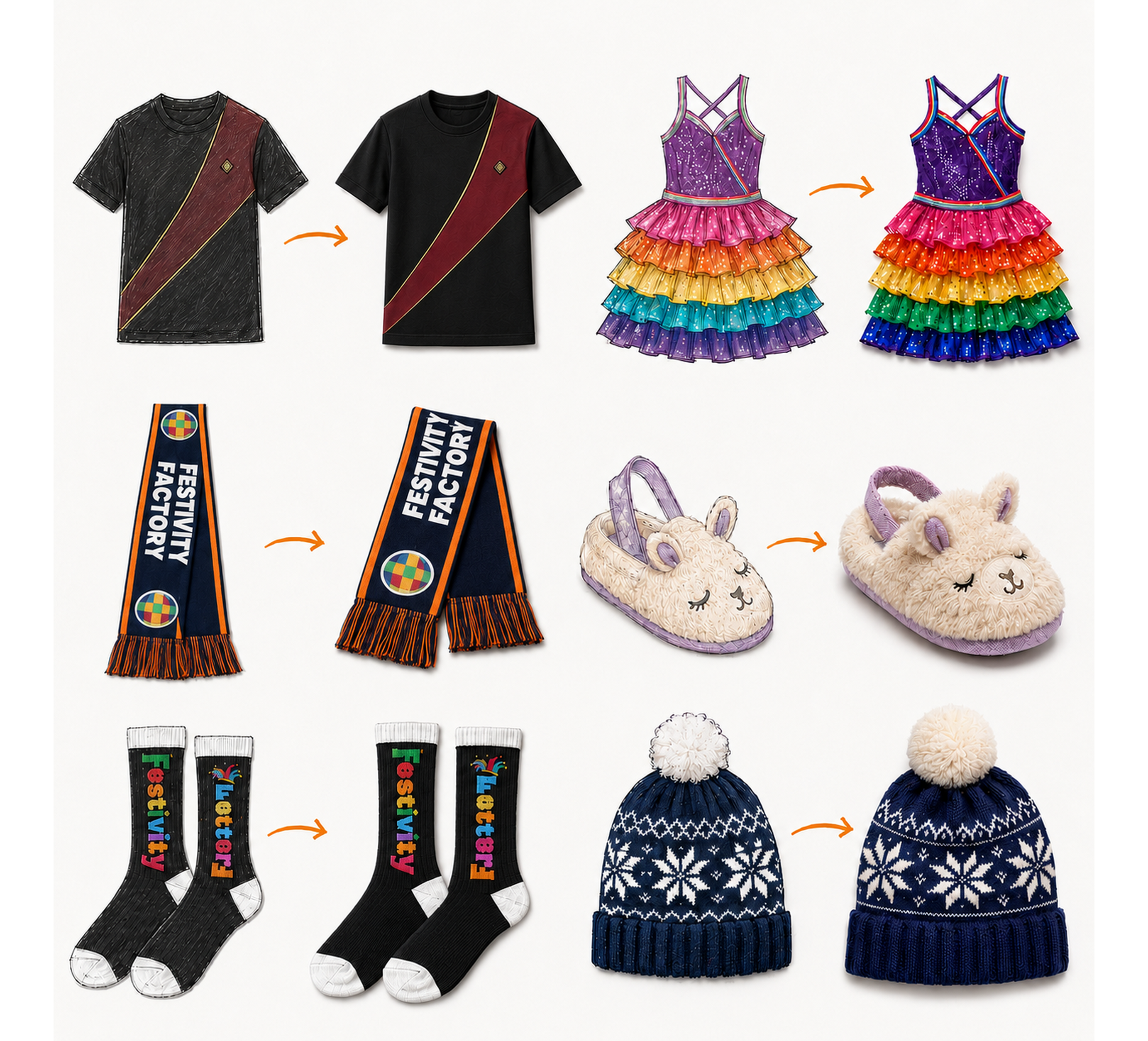 Product design sketches developed into finished Festivity Factory samples