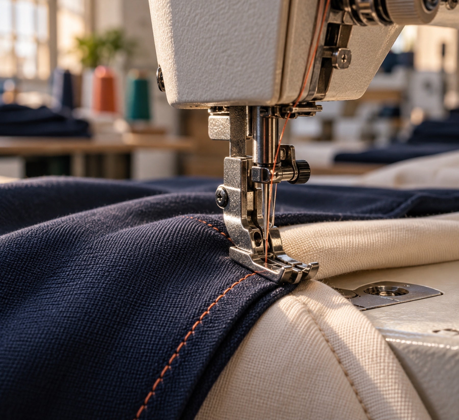 Industrial sewing machine stitching custom apparel fabric