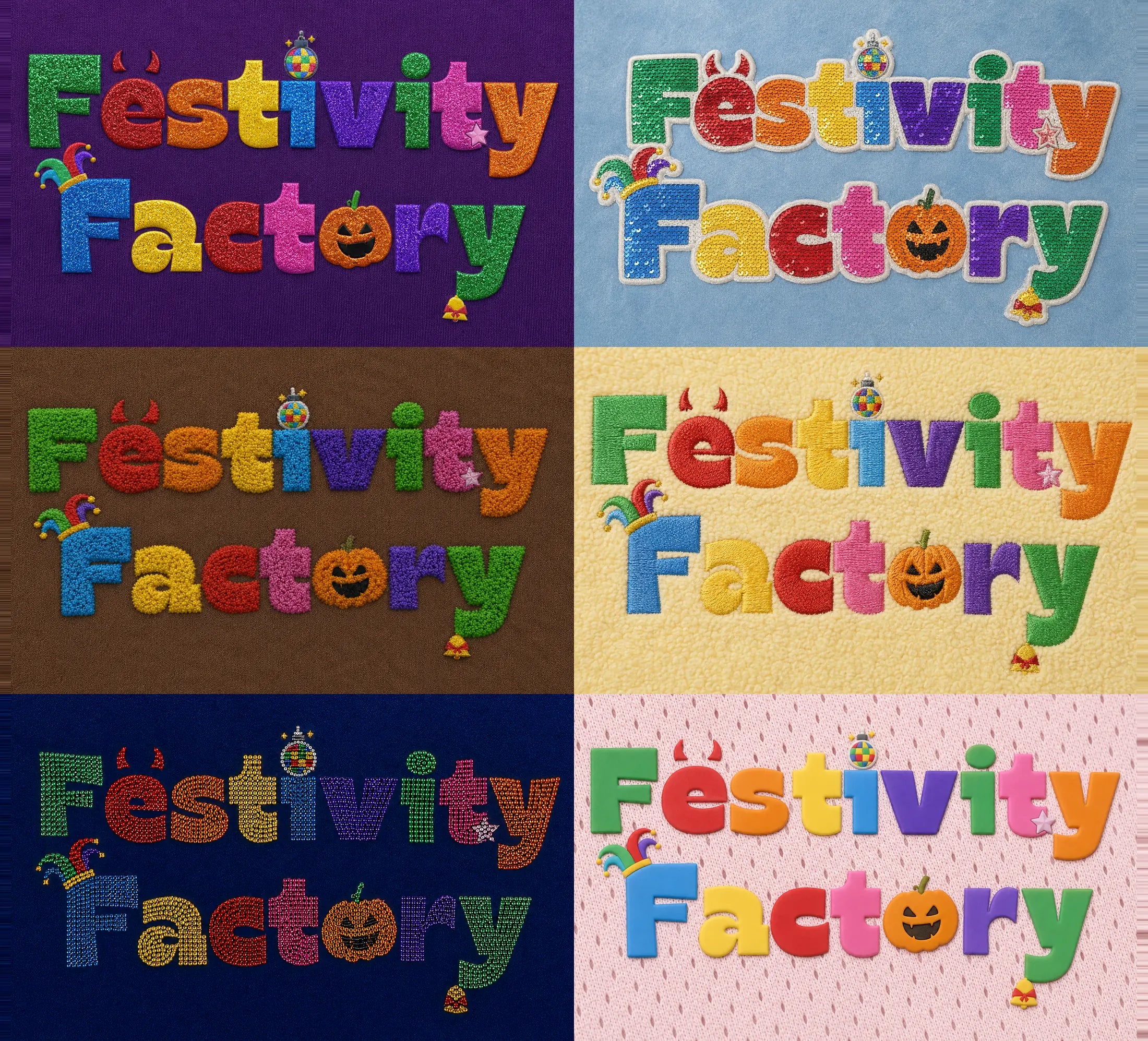 Six Festivity Factory logo decoration techniques on different fabrics